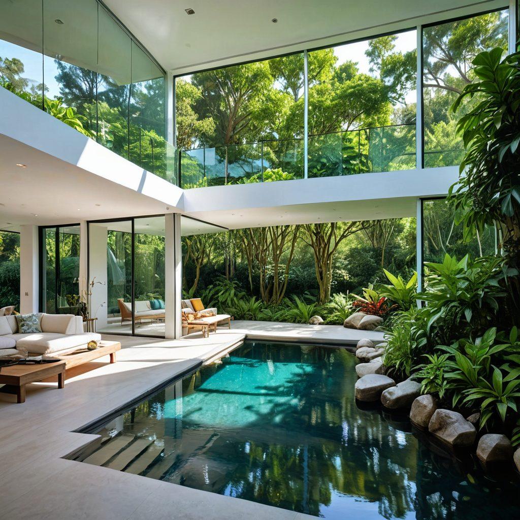 A serene, modern home surrounded by lush greenery and clear skies, with a crystal-clear stream flowing nearby. Inside, showcase advanced filtration systems visibly purifying water and air, with happy family members enjoying fresh water and breath. Super-realistic. Vibrant colors. White background.