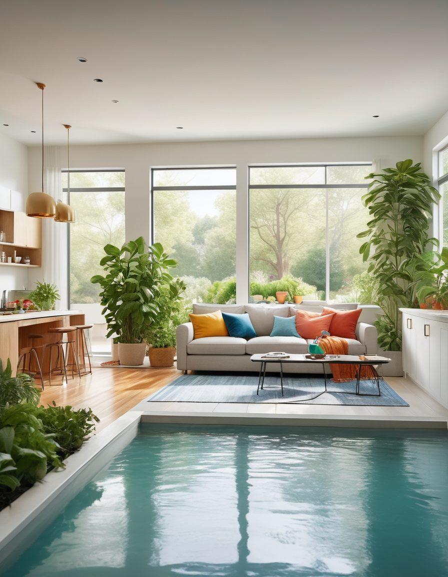 A cozy, modern American home with sparkling clean air and water. Families joyfully engaging in activities like cooking, playing, and gardening, with vibrant green plants and a high-tech filtration system in the background. Highlight a sense of happiness, health, and safe environment. super-realistic. vibrant colors. white background.