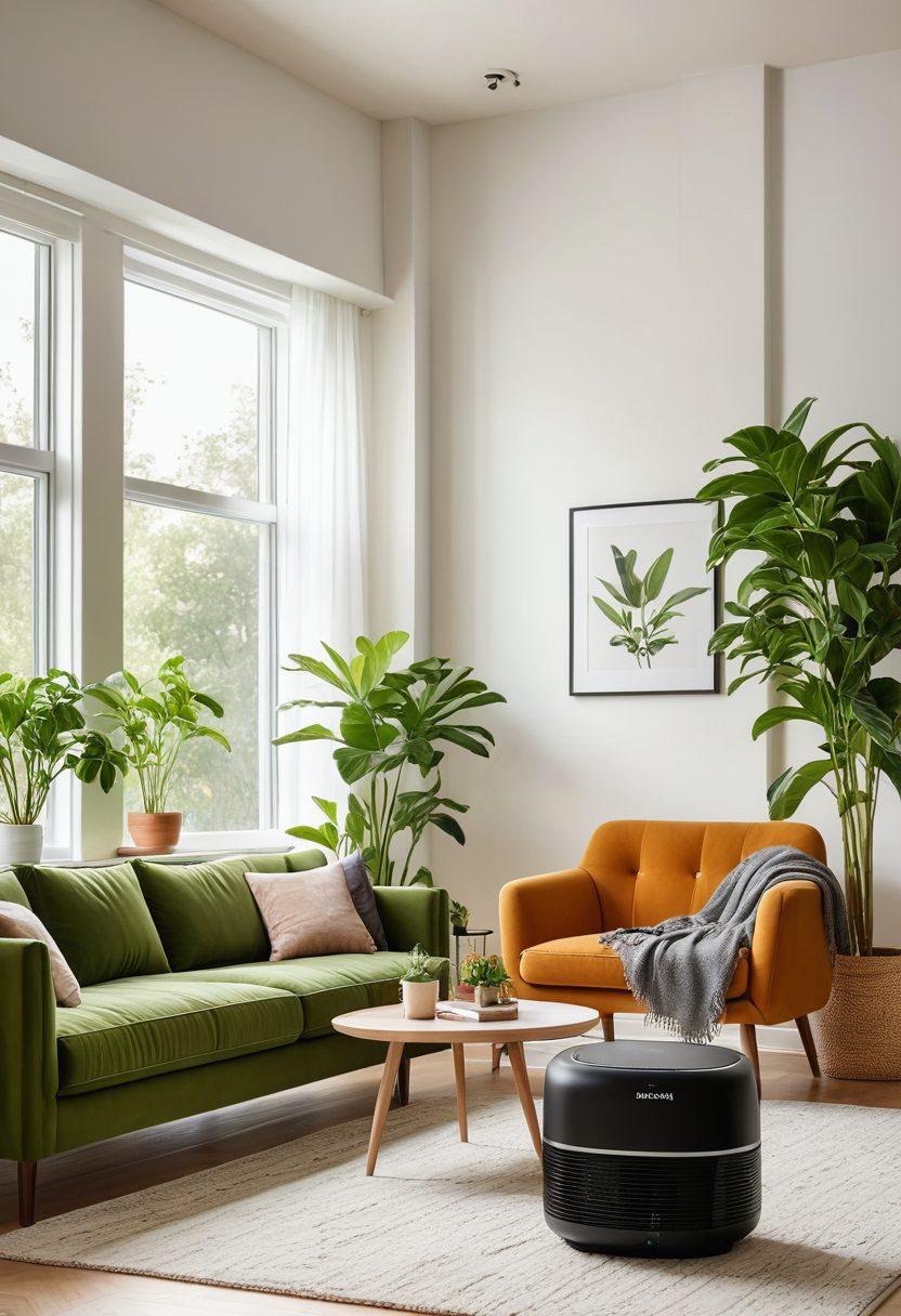 A modern American living room with a sleek air purifier prominently displayed, emitting clean, refreshing air. The background shows particles of dust and allergens being filtered out, leaving a bright and healthy environment. The room includes plants, comfortable furniture, and happy family members enjoying the pure air. super-realistic. vibrant colors. white background.